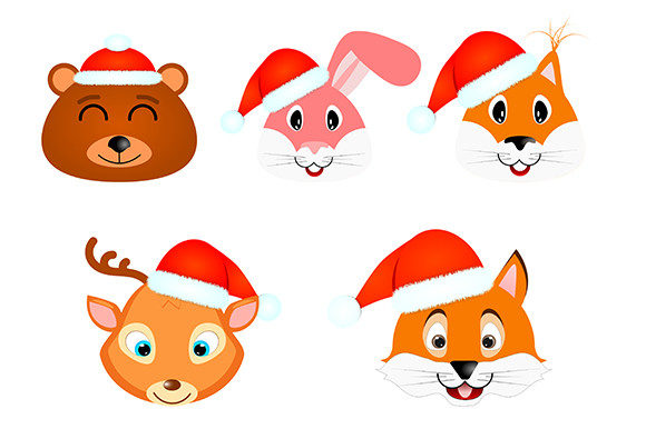 Cheerful Animals in Christmas Hats: A Versatile Graphics Set