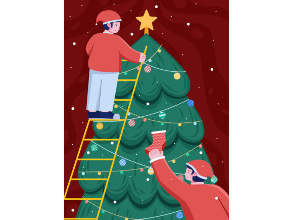 People Decorate Christmas Tree: A Festive Graphics Illustration